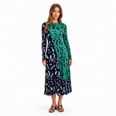 Elegant Colorblock Pleated Midi Dress – Green & Navy Floral