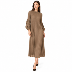 Minimalist Taupe Pleated Midi Dress – Long Sleeve Elegant Flow Dress