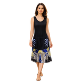 Elegant Floral Print Midi Dress for Women | Black Flower & Green Flower Summer Dress