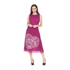 Elegant Pleated Floral Midi Dress – Black, Blue & Berry