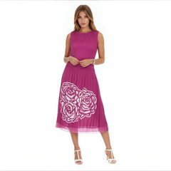 Elegant Pleated Floral Midi Dress – Black, Blue & Berry