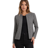 Classic Black & White Houndstooth Cropped Jacket – Elegant Tailored Blazer