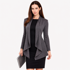 Grey Draped Business Jacket – Elegant Women's Office Cardigan Blazer