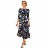 Navy Floral Pleated Midi Dress, Elegant Wedding Guest & Occasion Dress