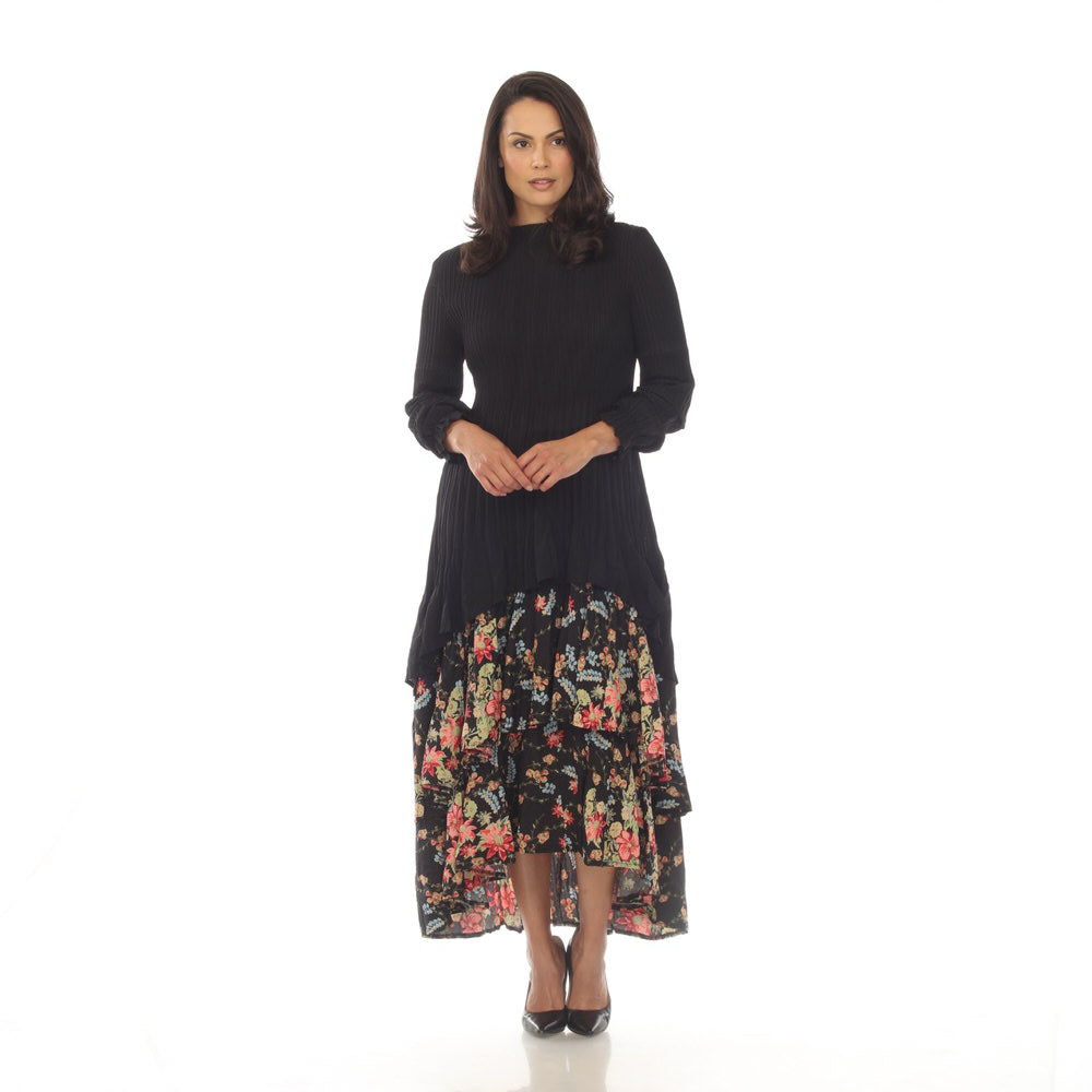 Elegant Layered Floral Midi Dress – Black & Navy | Smocked Bodice, Tiered Ruffle Skirt