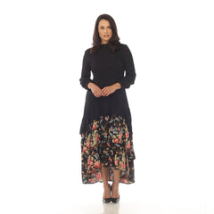 Elegant Layered Floral Midi Dress – Black & Navy | Smocked Bodice, Tiered Ruffle Skirt