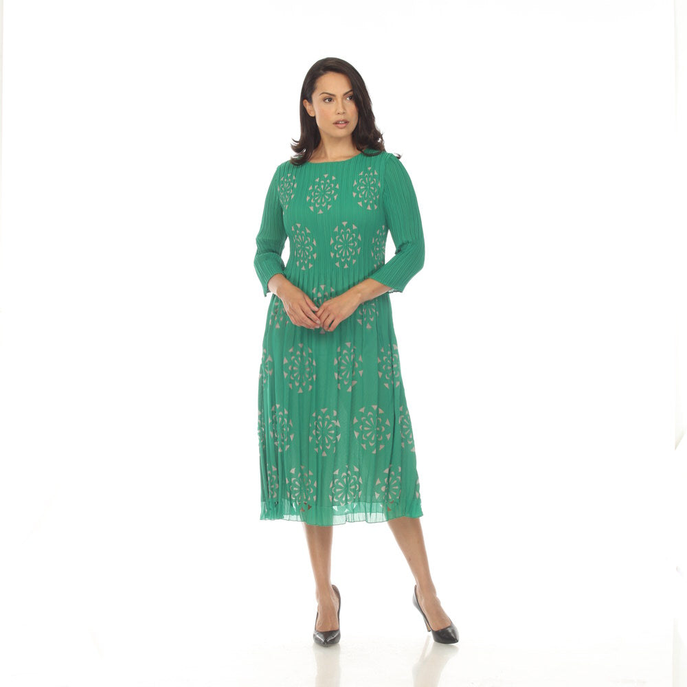 Green Pleated Laser Cut Midi Dress