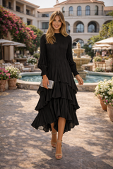 Elegant Black Layered Midi Dress | Romantic Wedding Guest & Evening Dress