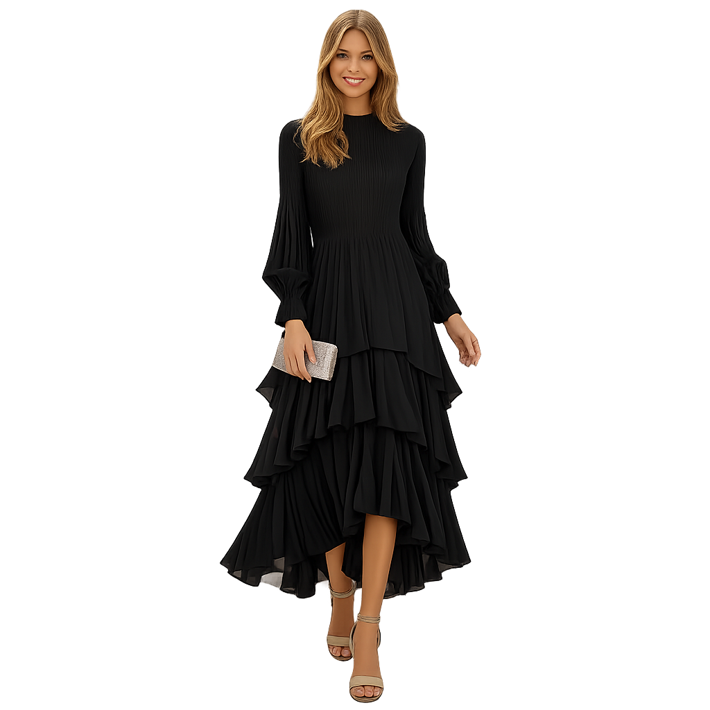 Elegant Black Layered Midi Dress | Romantic Wedding Guest & Evening Dress