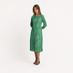 Green Pleated Laser Cut Midi Dress