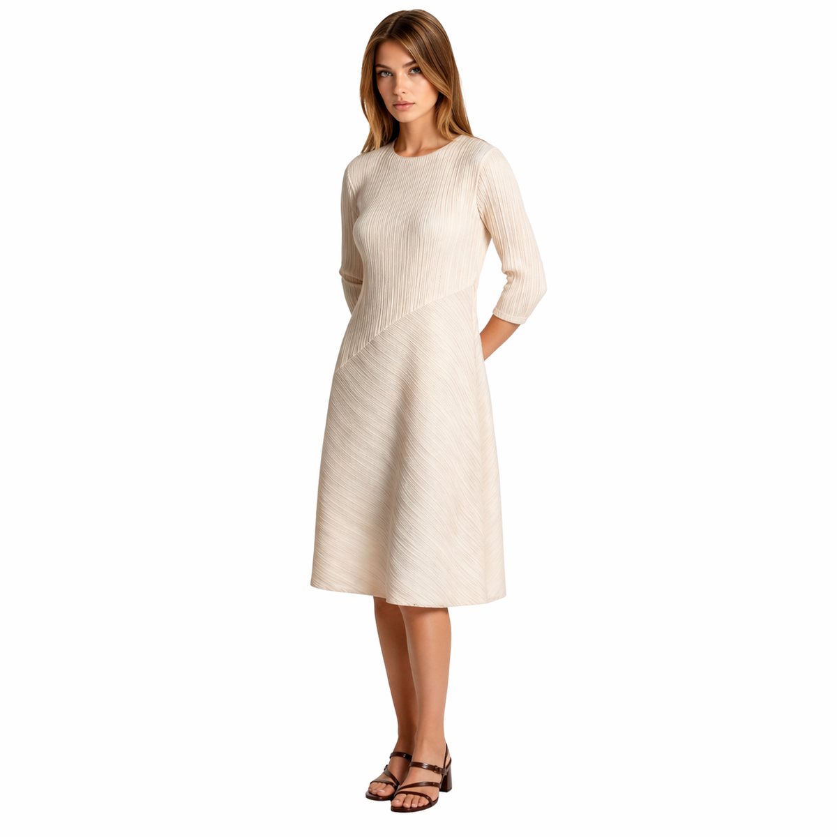 Refined Texture Pleated Midi Dress in Soft Beige