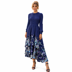 Elegant Layered Floral Midi Dress – Black & Navy | Smocked Bodice, Tiered Ruffle Skirt
