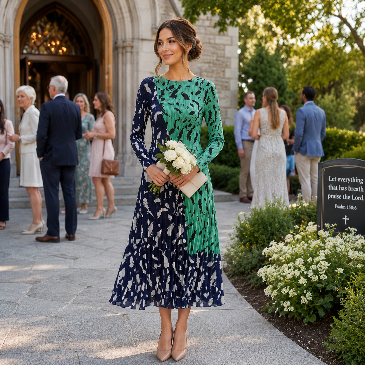 Elegant Colorblock Pleated Midi Dress – Green & Navy Floral