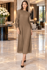 Minimalist Taupe Pleated Midi Dress – Long Sleeve Elegant Flow Dress