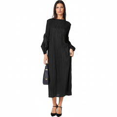 Minimalist Black Pleated Midi Dress – Long Sleeve Elegant Flow Dress