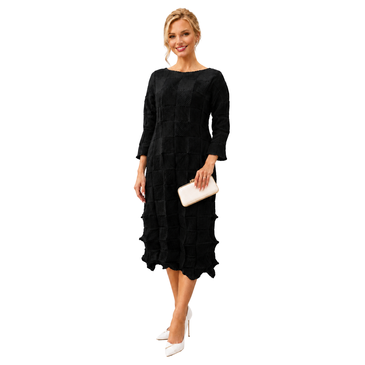 Textured Pleated Midi Dress, Black & Red
