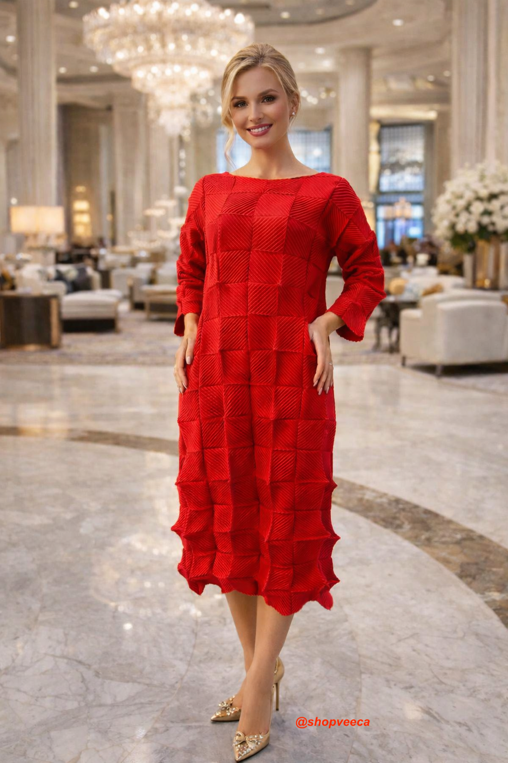 Textured Pleated Midi Dress, Black & Red