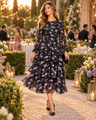 Black Floral Pleated Tiered Midi Dress