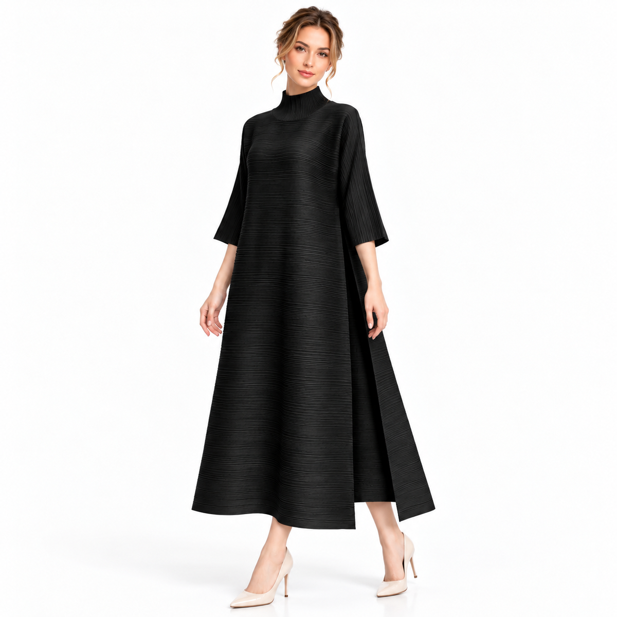 Pleated Mock Neck Maxi Dress