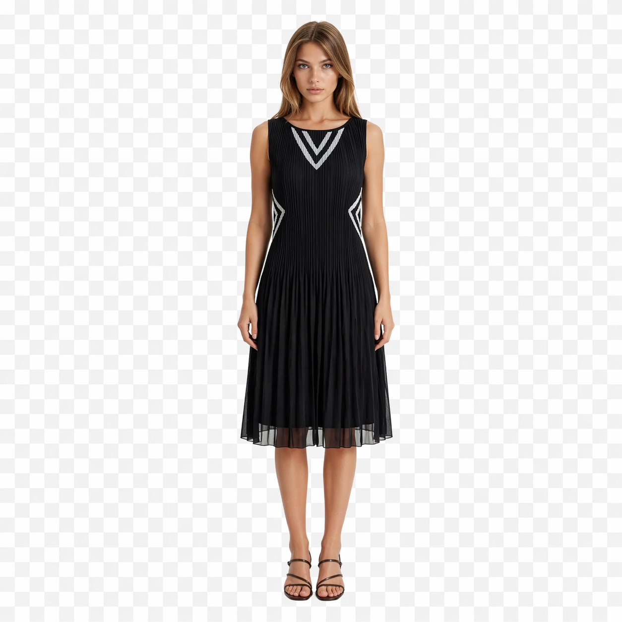 Pleated Midi Dress with Geometric Detail – Sleeveless Elegant Flow Dress (Black, Purple, Grey)