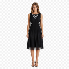 Pleated Midi Dress with Geometric Detail – Sleeveless Elegant Flow Dress (Black, Purple, Grey)