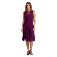 Pleated Midi Dress with Geometric Detail – Sleeveless Elegant Flow Dress (Black, Purple, Grey)