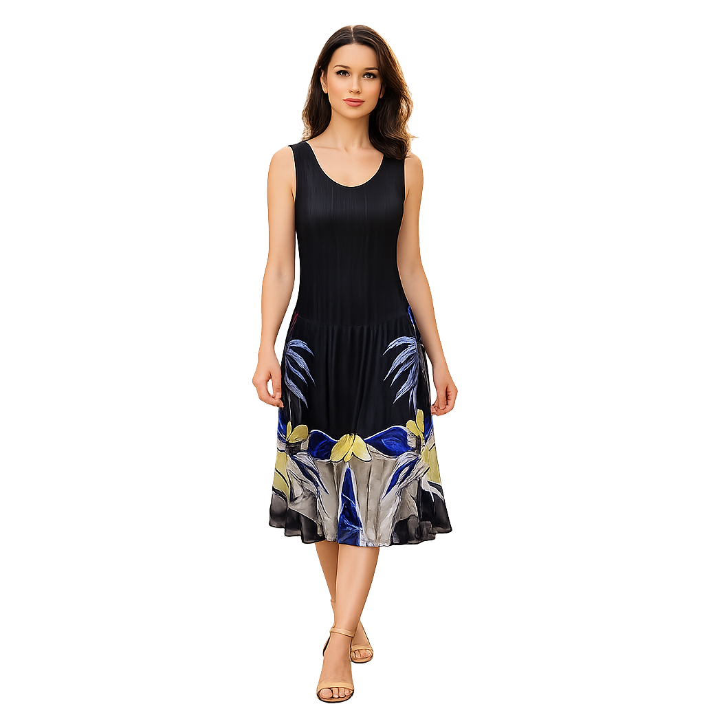 Elegant Floral Print Midi Dress for Women | Black Flower & Green Flower Summer Dress