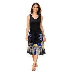 Elegant Floral Print Midi Dress for Women | Black Flower & Green Flower Summer Dress