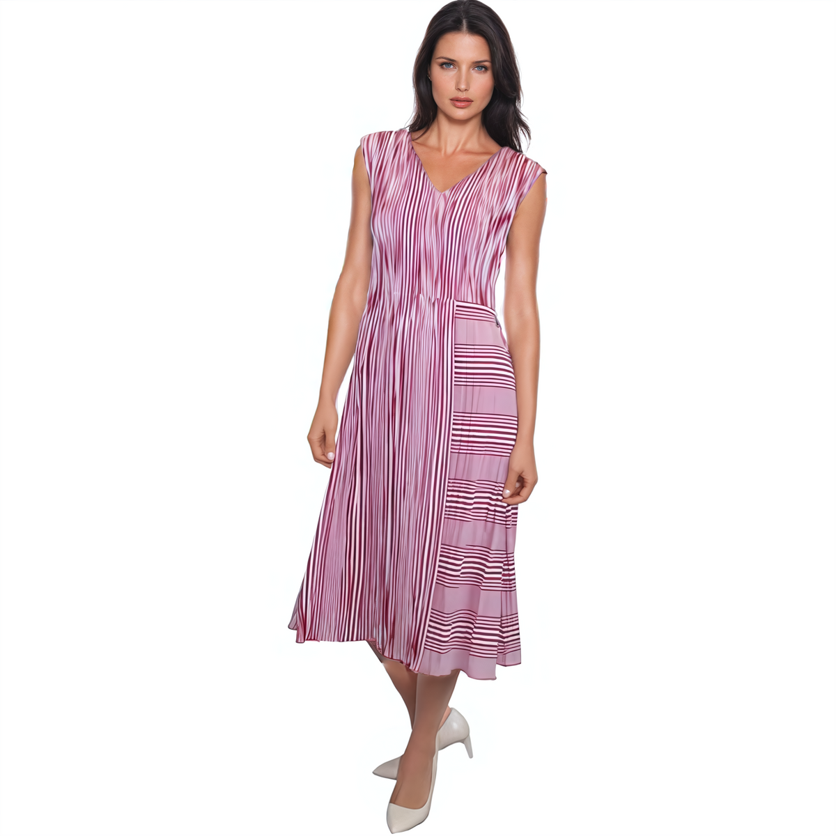 Sleeveless V Neck Midi Pleated Dress - DR918