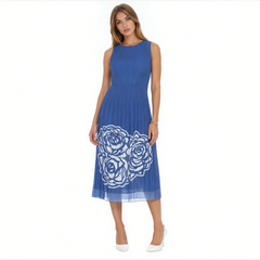 Elegant Pleated Floral Midi Dress – Black, Blue & Berry