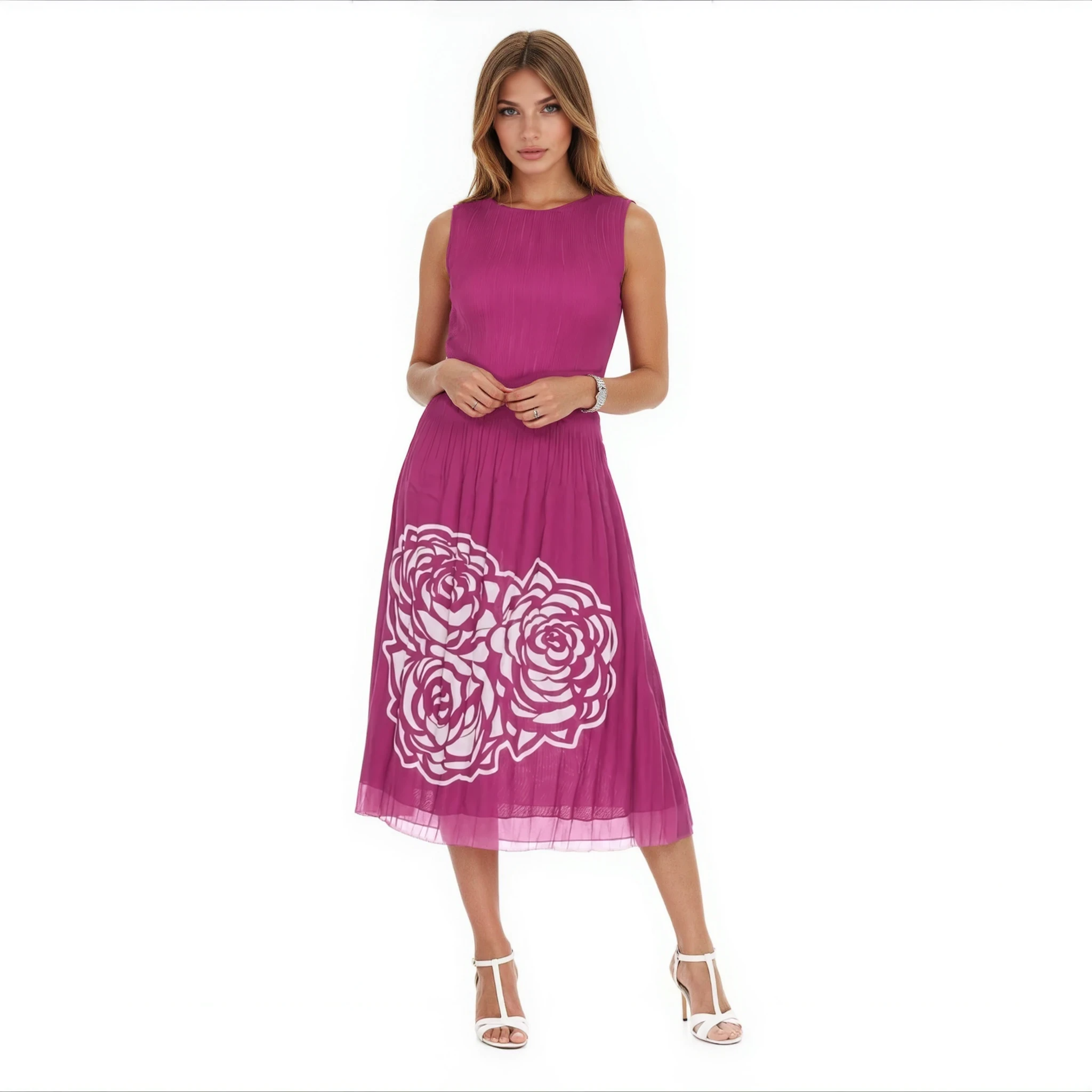 Elegant Pleated Floral Midi Dress – Black, Blue & Berry