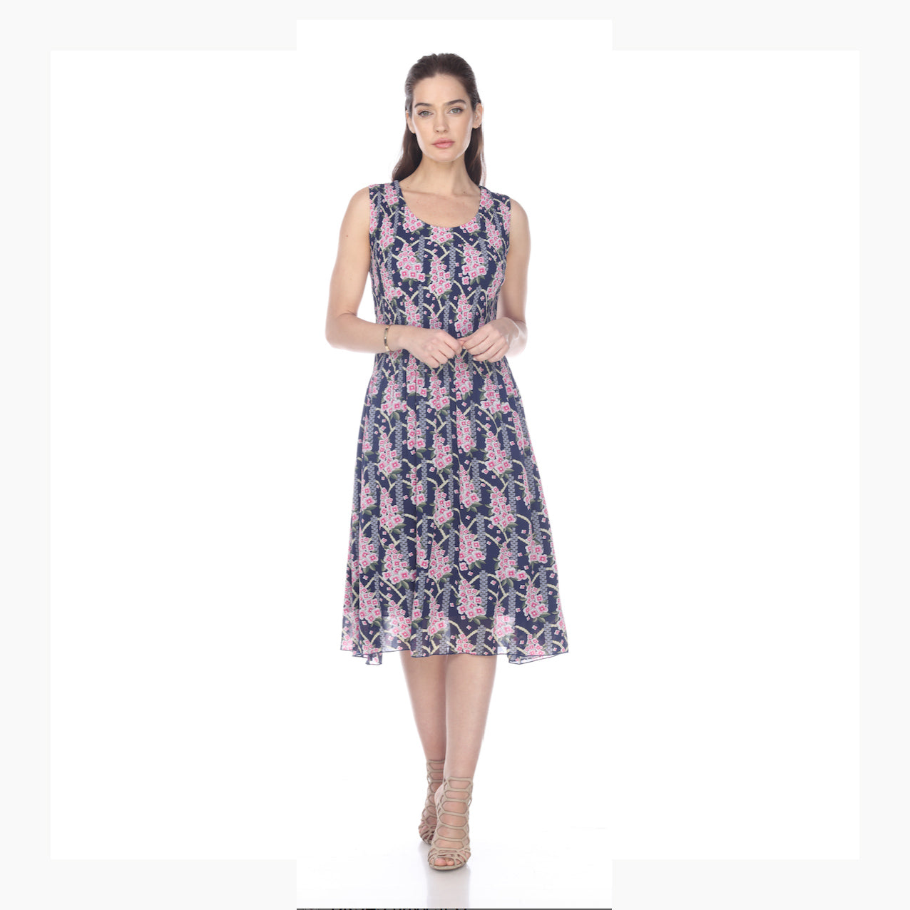 Pink Geometric Floral Sleeveless Midi Dress - DR949