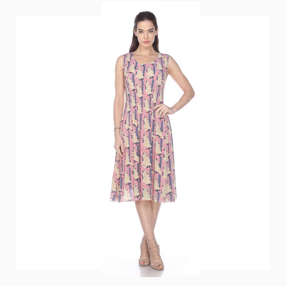 Pink Geometric Floral Sleeveless Midi Dress - DR949