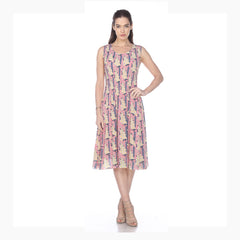 Pink Geometric Floral Sleeveless Midi Dress - DR949