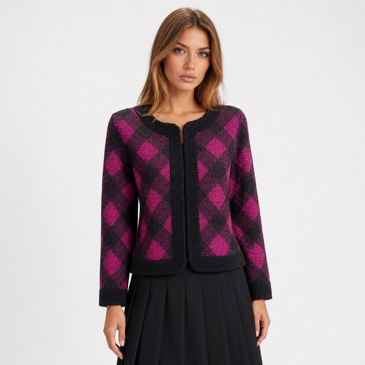 Chic Argyle Pleated Cropped Jacket – Modern Black & Grey Lightweight Cardigan