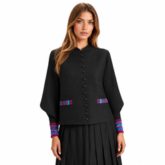 Sleeve Detail Pleated Button Jacket - JK1153 Black