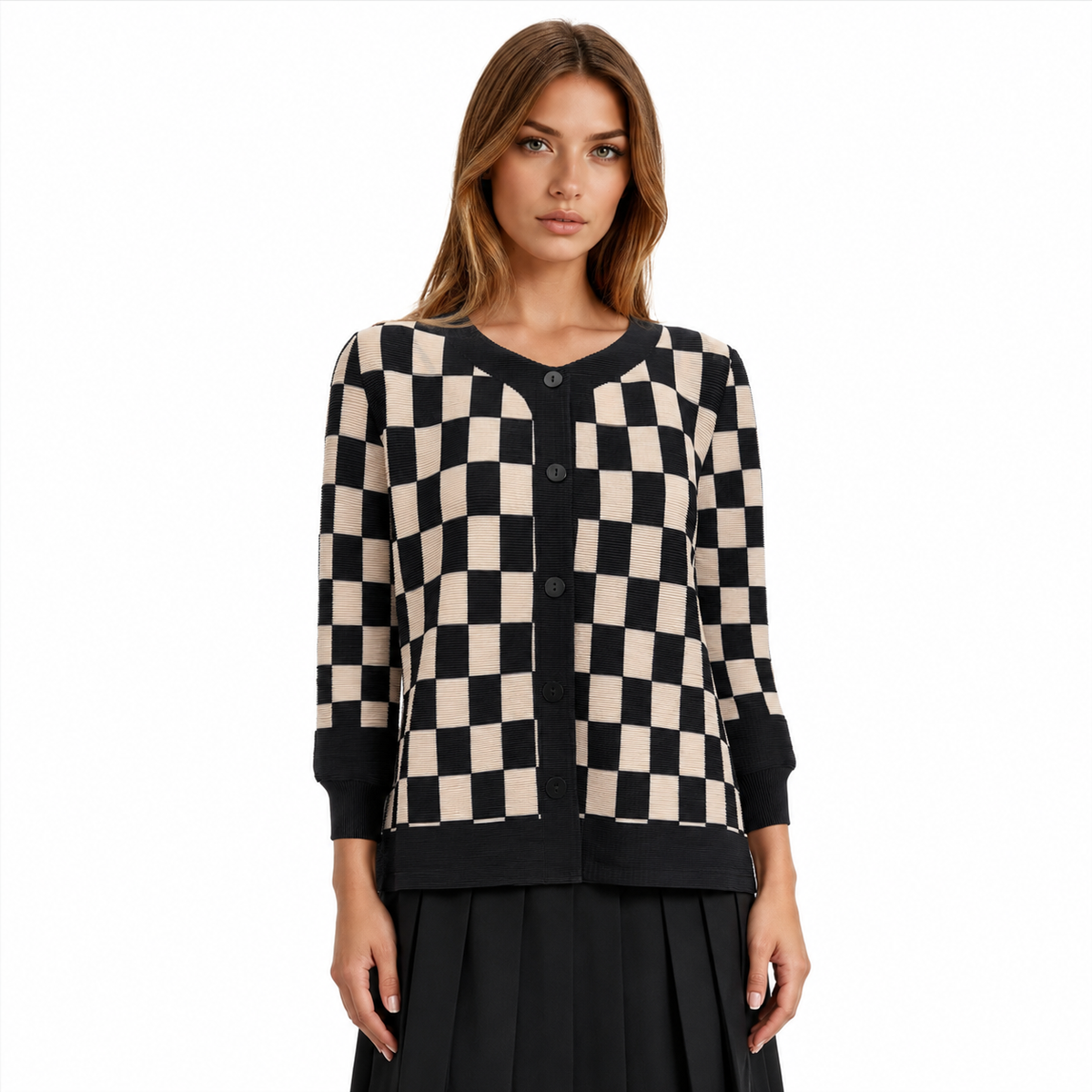 Zoom In stock Black Beige Checkered Pleated Jacket