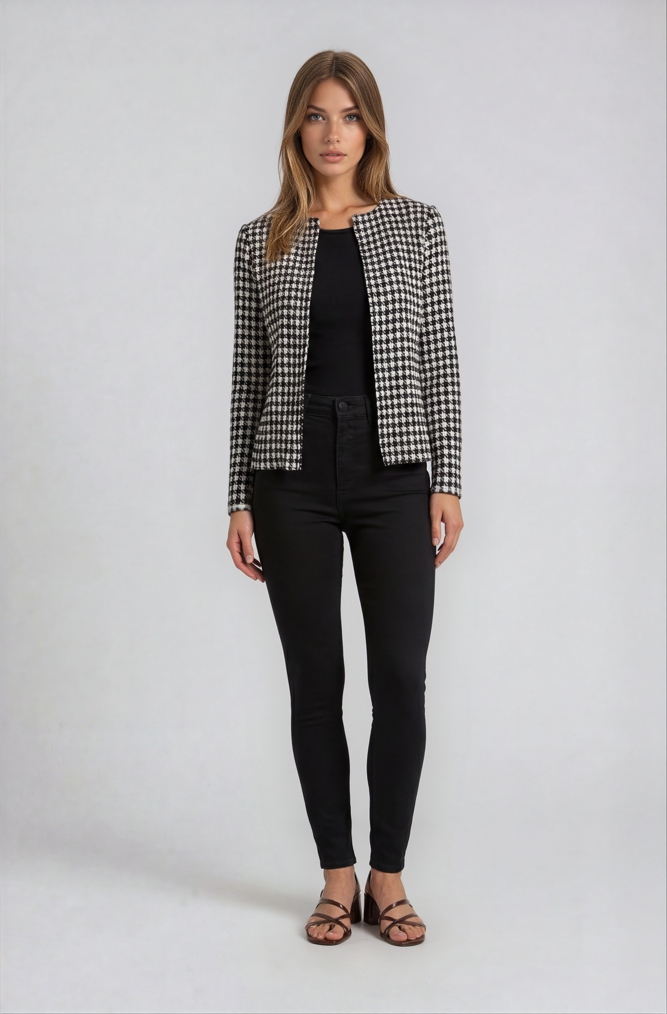 Classic Black & White Houndstooth Cropped Jacket – Elegant Tailored Blazer