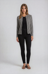 Classic Black & White Houndstooth Cropped Jacket – Elegant Tailored Blazer