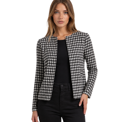 Classic Black & White Houndstooth Cropped Jacket – Elegant Tailored Blazer