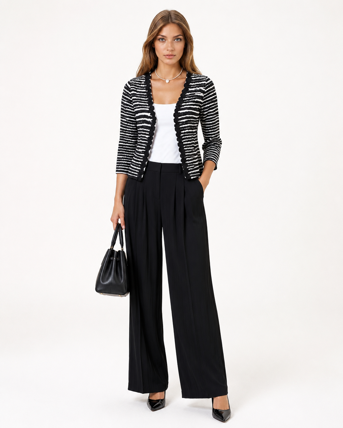 Zoom In stock Black White Stripe Ruffle Trim Jacket