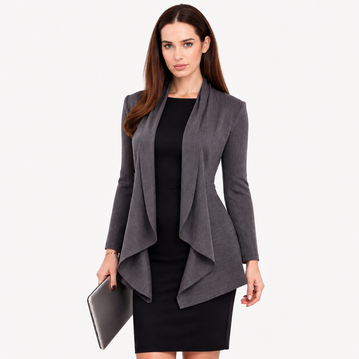 Grey Draped Business Jacket – Elegant Women's Office Cardigan Blazer