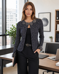 Rosette Detail Textured Jacket, Elegant Black & Silver Evening Layer