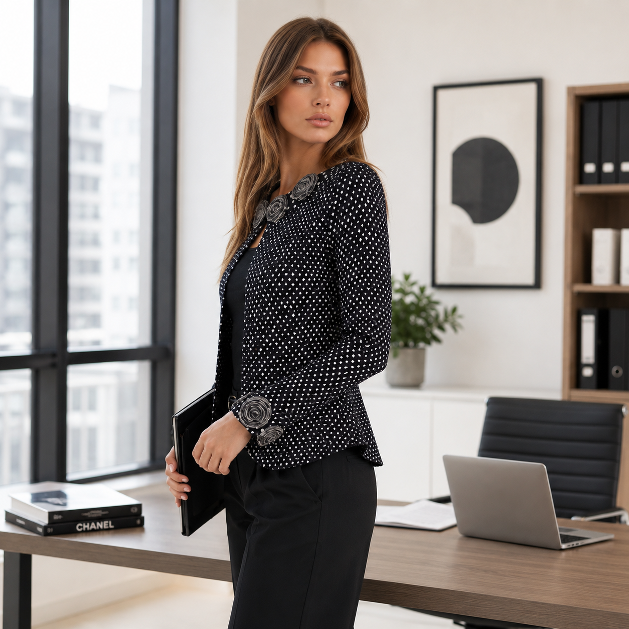 Rosette Detail Textured Jacket, Elegant Black & Silver Evening Layer