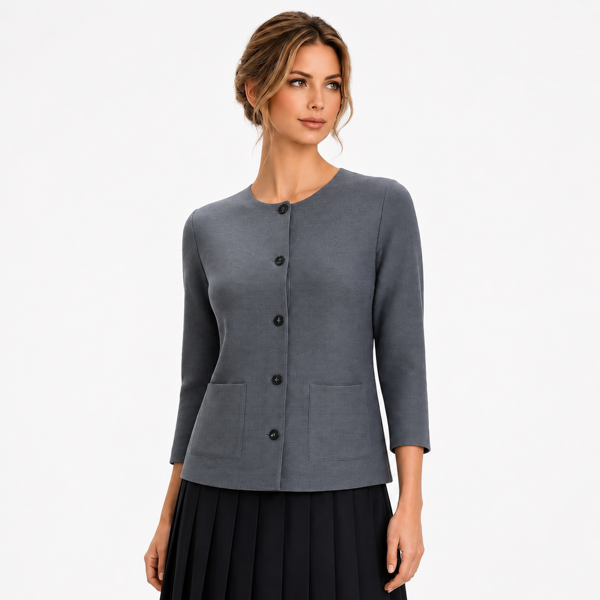 Solid Pleated Button Jacket, Navy & Grey