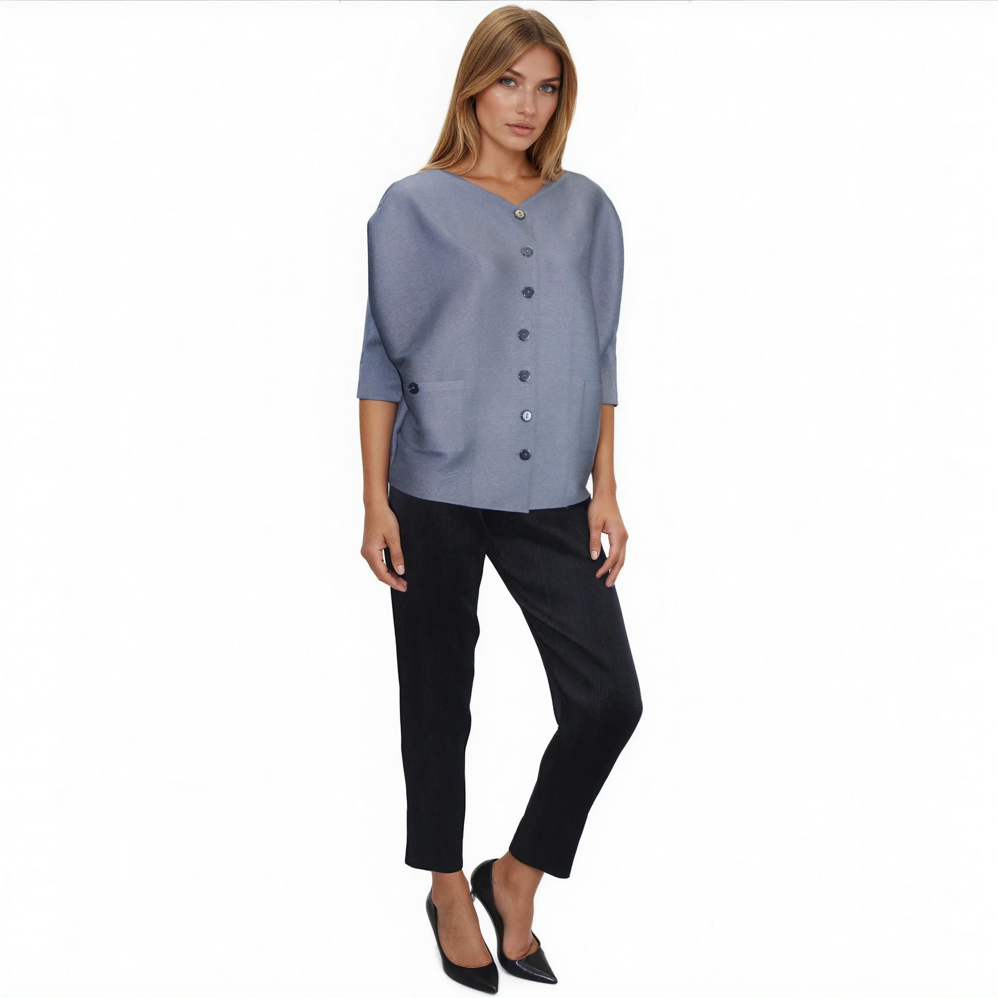 Solid Pleated Button Jacket, Navy & Grey
