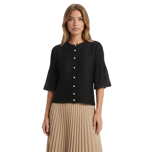 Zoom In stock Black Pearl Button Pleated Sleeve Jacket