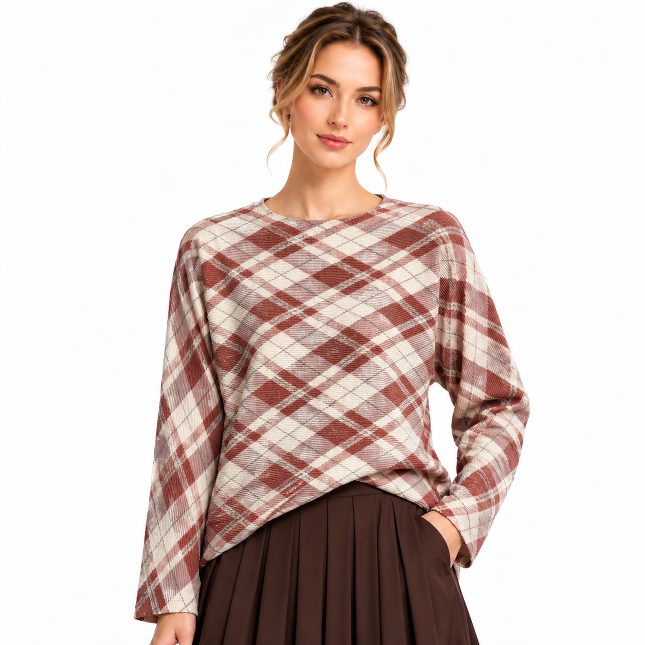 Printed Plaid Textured Long Sleeve Top