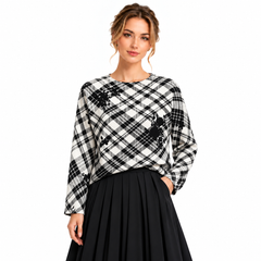 Printed Plaid Textured Long Sleeve Top