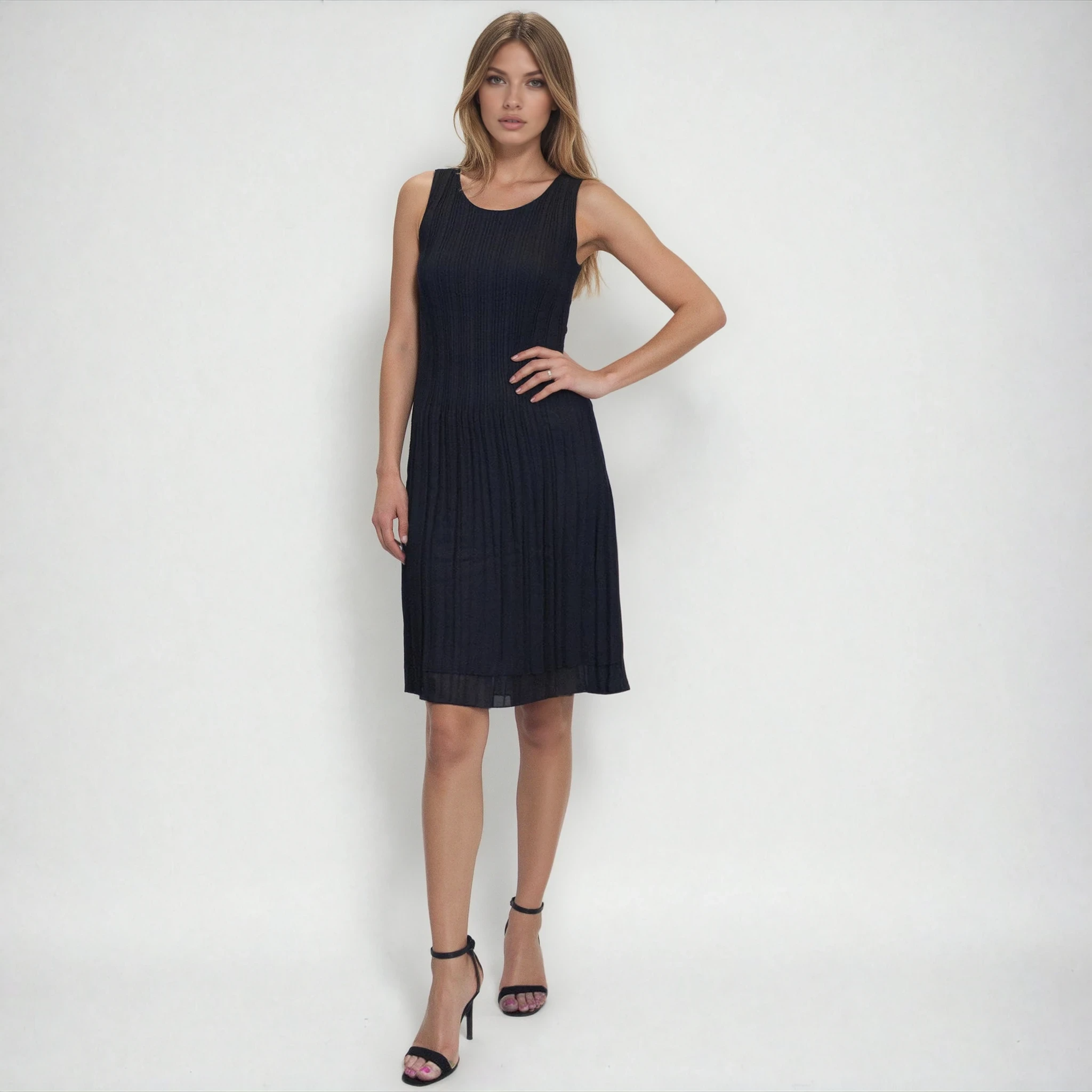 Pleated Midi Dress – Sleeveless Elegant Flow Dress (Black, Purple, Sapphire Blue)